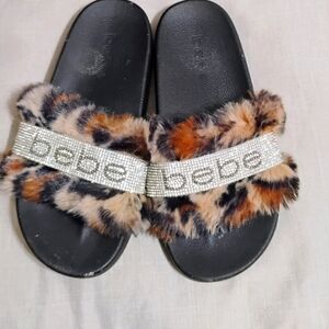Bebe Women's Black and Brown Fur Slide Sandals 8